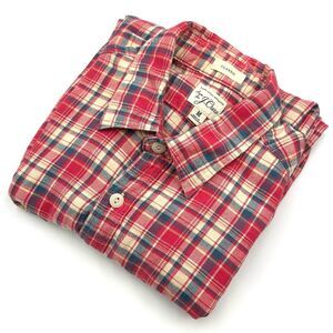 J.Crew Mens M Flannel Shirt Pinkish/Red Navy Plaid Long Sleeve Cotton Casual